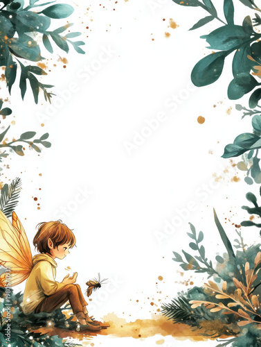 Fairy boy forest leaf foliage insect butterfly wing golden sitting frame cute fantasy fairy boy sitting forest ground holding insect with golden wing and leaf foliage frame around white background