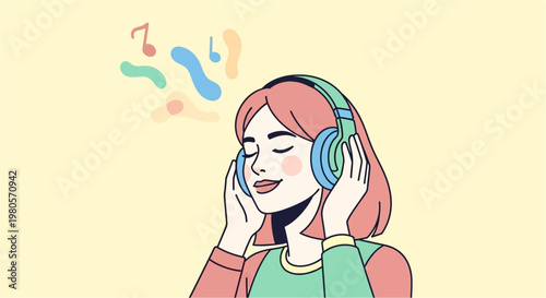 Relaxed young woman with headphones on, enjoying a blissful moment of music and tranquility, with colorful abstract notes floating around her