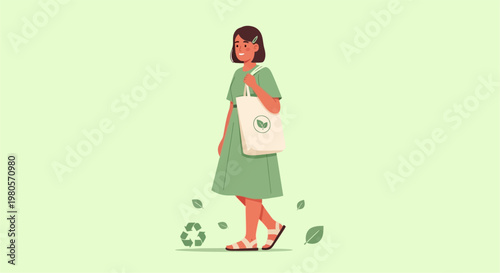 A young woman in a green dress carries a reusable shopping bag with a leaf symbol, promoting sustainability and eco-friendly living