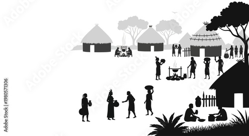 Silhouette illustration of people in a traditional African village setting.