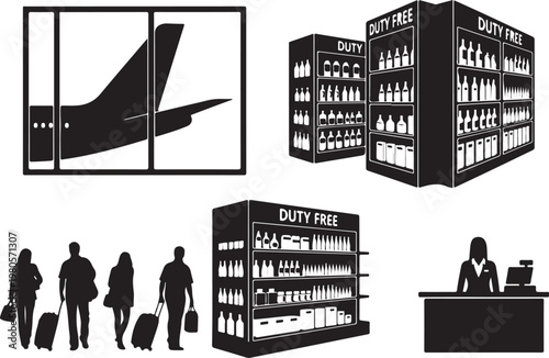 Black and white airport duty free shop with travelers and plane