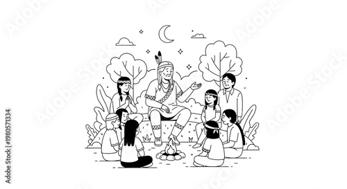 An elderly tribal leader sharing stories with a group of attentive children.