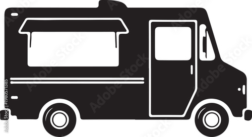 Black silhouette food truck side view on white background mobile kitchen street food