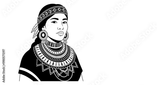 Black and white illustration of an indigenous woman in traditional clothing.