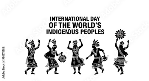 Silhouettes of indigenous people dancing in traditional costumes for international day.