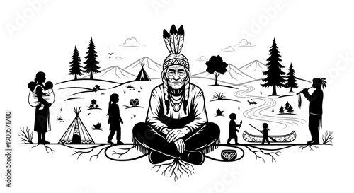 Native American Tribal Elder Sitting in Traditional Headdress.