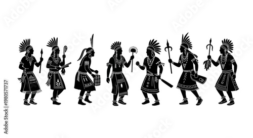 Set of silhouettes of Native American warriors dancing in traditional tribal clothing.