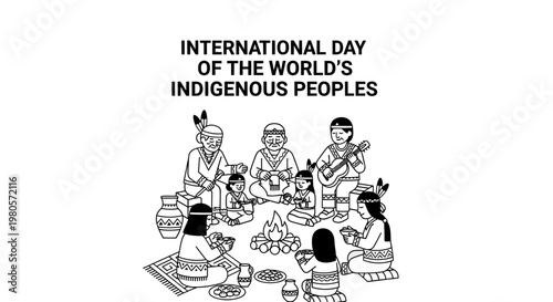 International Day of the Worlds Indigenous Peoples Line Art Illustration.