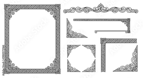 Borders ornate set with greek key patterns and scrollwork designs featuring frames, decorative, decorative frames with illustration and vector