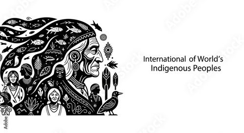 Black and white artistic illustration representing International Day of the Worlds Indigenous Peoples.