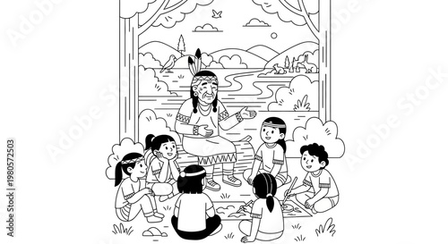 Indigenous elder sharing stories with children.