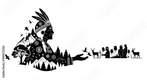 Photos Silhouette illustration of a Native American chief with nature and community