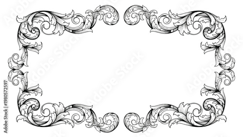 Exquisite black and white baroque style frame with symmetrical floral scrollwork and intricate decorative leaf patterns.
