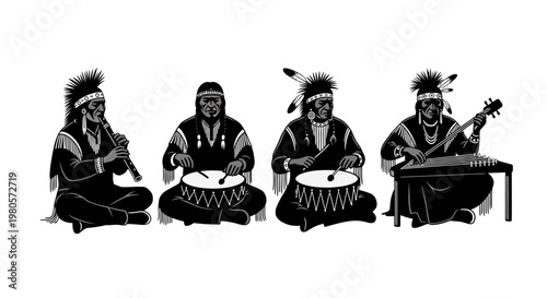 Illustration of a Native American music band playing traditional instruments.