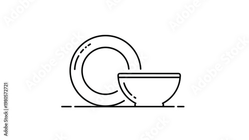 Simple line illustration of a ceramic dining plate and a deep bowl set on a horizontal surface representing kitchenware.