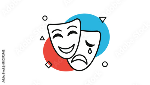 Iconic representation of comedy and tragedy masks in line art over colorful red and blue abstract shapes with symbols.