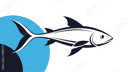 Stylized graphic of a large fish with sharp fins and a streamlined body swimming across a blue circular background element.