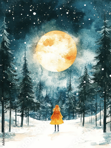 Winter forest full moon night sky snow snowfall girl orange coat pine tree dreamy illustration Enchanted winter forest glowing full moon with gentle snowfall as lonely girl orange coat gazes