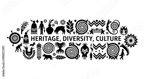Abstract illustration of heritage diversity and culture with tribal symbols.
