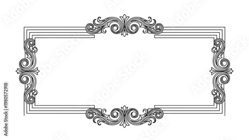 Decorative rectangular floral border frame with ornate scrollwork and victorian style filigree design in black line art.