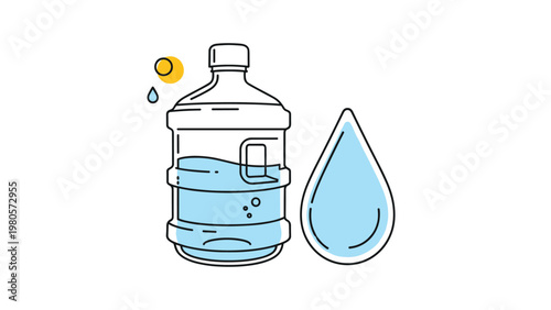 Graphic illustration of large water cooler bottle with blue liquid level and large water droplet icon positioned next to it.