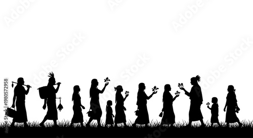 Silhouette illustration of a group of people walking together in a procession.
