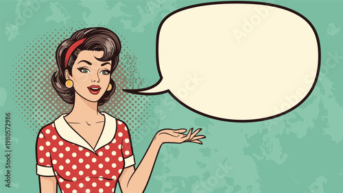 Retro pop art woman in red polka dot dress speaking with empty speech bubble on textured green background for messages.