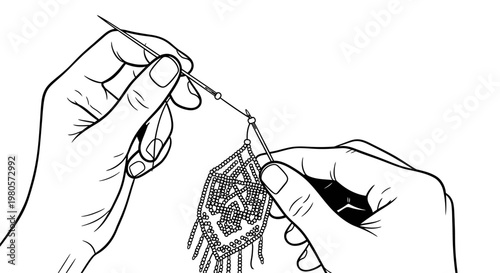 Close up line art illustration of hands creating handmade beaded jewelry.
