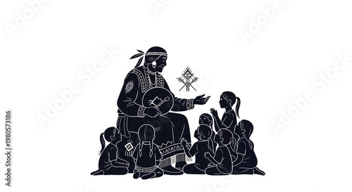 Silhouette illustration of a Native American storyteller with children.