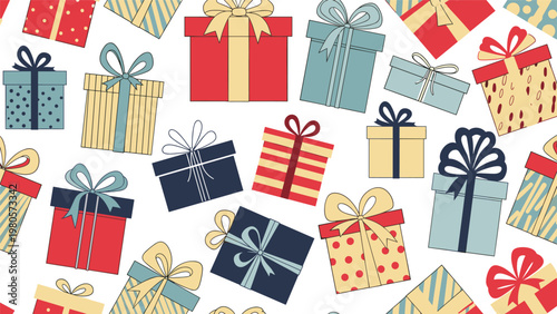Festive holiday seamless pattern with many colorful wrapped gift boxes of different shapes and sizes on white background.