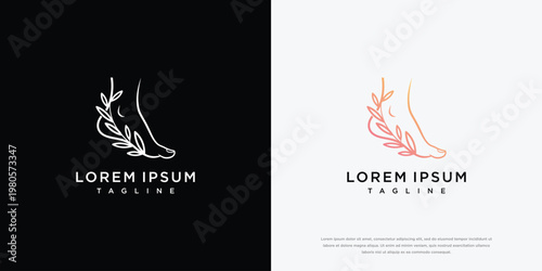 Minimalist Foot and Botanical Leaf Line Art Logo Design Template