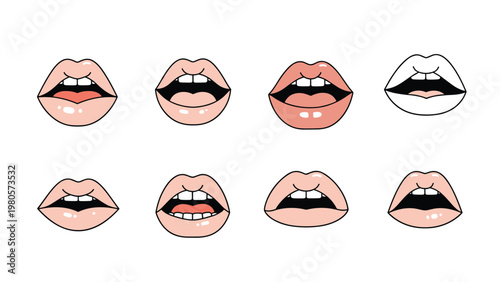 Set of human mouths with different lipstick shades and dental expressions showing teeth and tongue on white background.