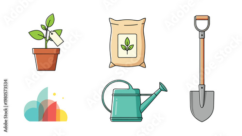 Collection of gardening tools and equipment including potted plant, bag of fertilizer, watering can, and metal shovel.