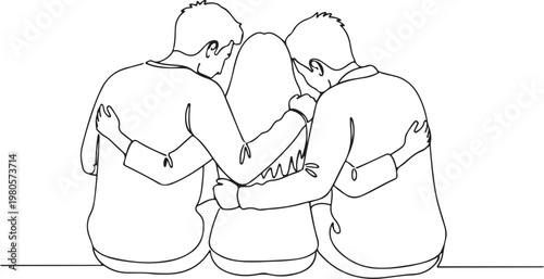 Four hands joined in unity continuous line silhouette outline togetherness teamwork