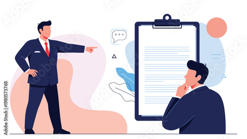 Strict boss in a suit pointing and giving commands to a pensive employee standing next to a giant white clipboard for performance.