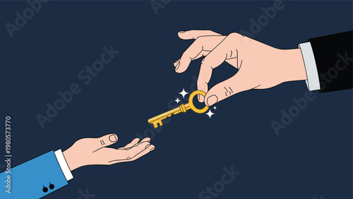 Large hand reaching from the darkness to hand a golden key to a smaller reaching hand representing mentorship and passing opportunity.