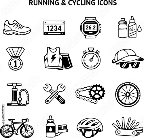 Running & Marathon Accessories and Bicycle Maintenance Line Icons Set