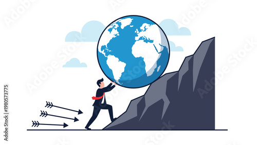 Determined businessman struggling to push a giant blue globe up a steep grey mountain while facing arrows of resistance and challenge.