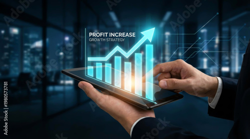 Business Growth Strategy and Profit Increase Concept with Businessman Using Digital Tablet to Analyze Financial Data Hologram Chart and Upward Arrow for Success in Modern Corporate Office