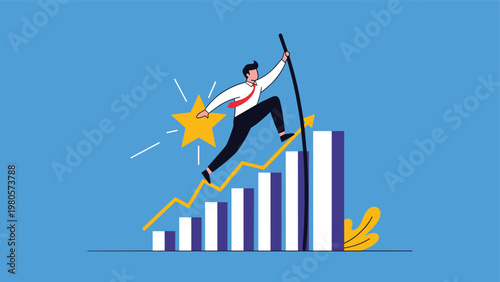 Ambitious businessman using a pole vault to jump over a rising bar chart towards a shining success star in a blue sky background.