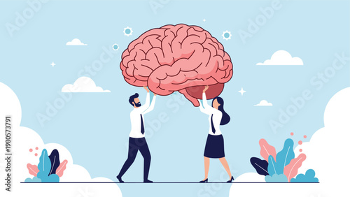 Collaborative business partners working together to lift a giant brain symbolising teamwork and collective intelligence.
