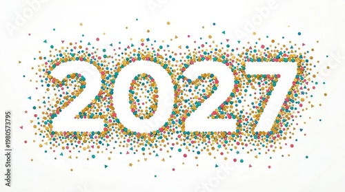 Colorful shapes surround the number 2027 showcasing a festive atmosphere for the new year