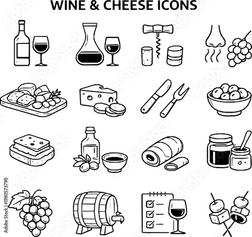 Wine Tasting & Charcuterie Line Icons Set
