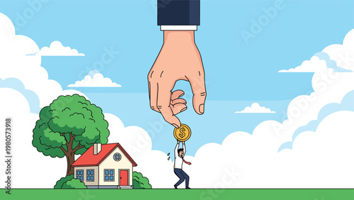 Large hand placing a heavy dollar coin onto the back of a struggling man near a small suburban house in a field.