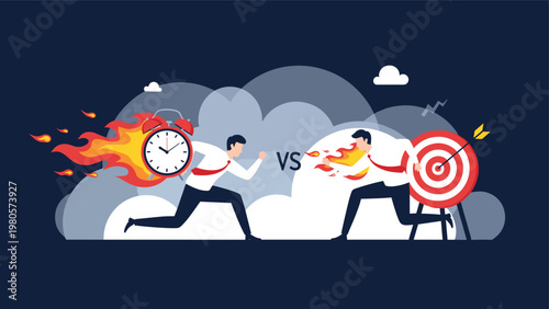 Comparison of a man running with a burning clock versus another man focused on hitting a bullseye target for time management.