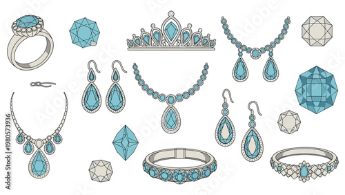 Large collection of diamond and gemstone jewelry including rings, necklaces, earrings, bracelets, and tiaras with blue stones.