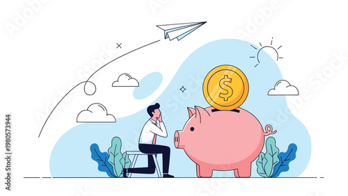 Thoughtful businessman sitting and looking at a giant pink piggy bank with a large gold coin on top for future savings.