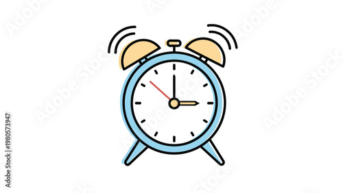 Colorful icon illustration of classic twin bell alarm clock in light blue and yellow with ringing motion lines.