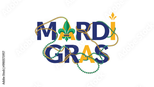Mardi Gras festival typography in blue and gold colors decorated with green and yellow beaded necklaces and fleur-de-lis.