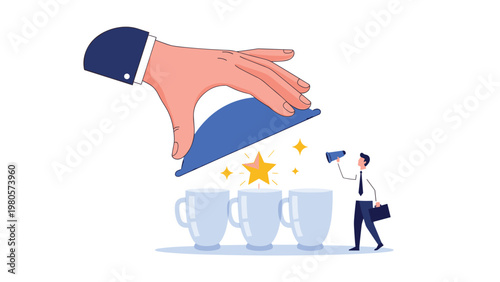 Large hand lifting a blue cloche to reveal a shining gold star among coffee mugs for a businessman in a white background.